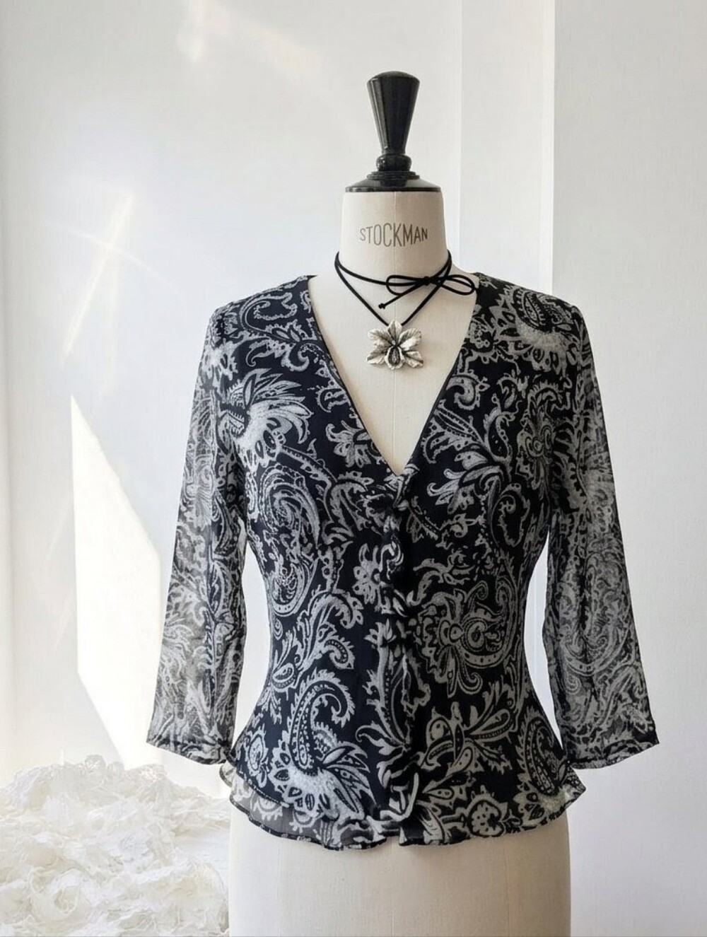 Vintage 100% Silk Black & White Paisley Sheer Blouse